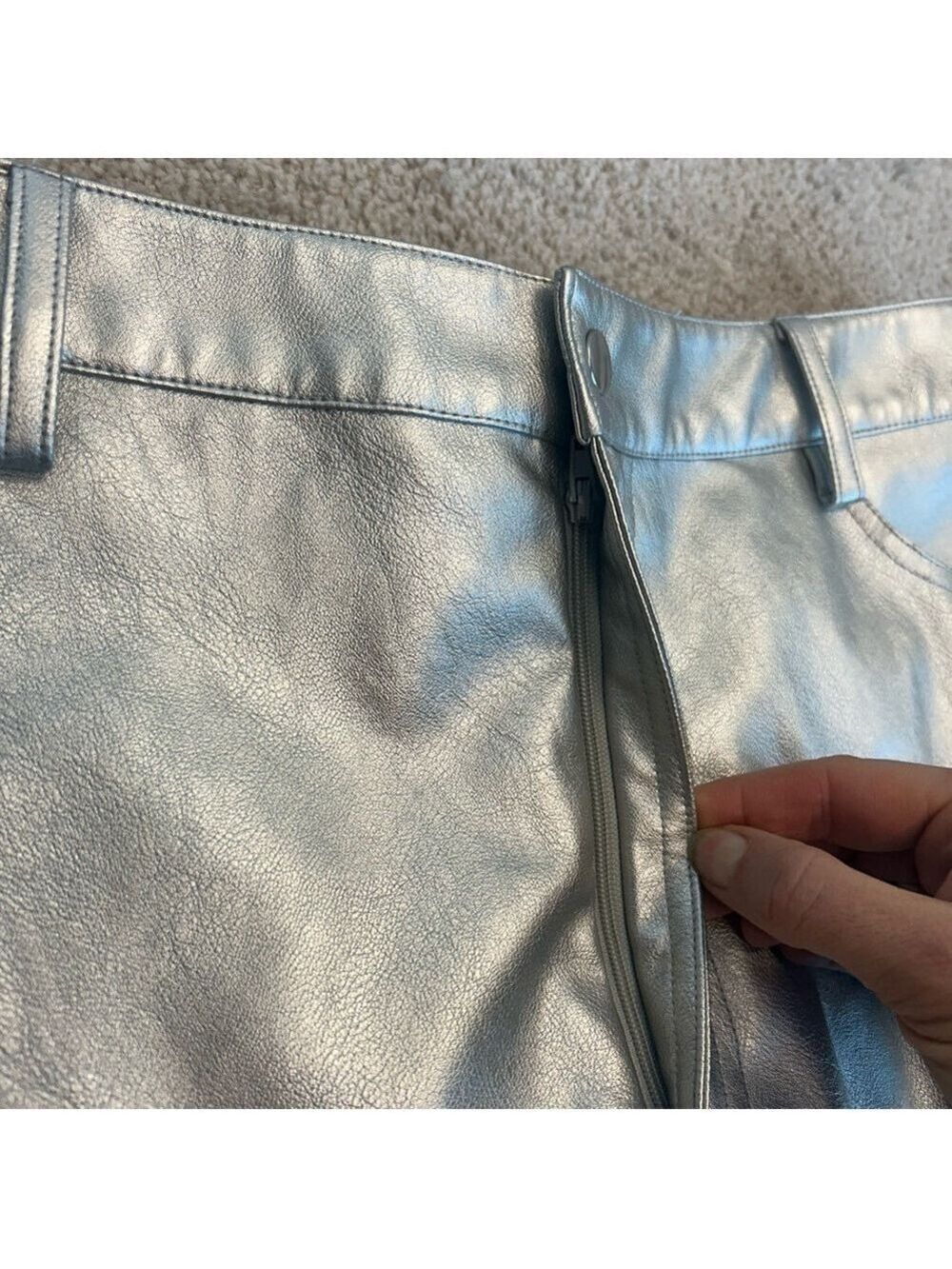 WAYF metallic silver faux leather high waisted midi pencil skirt front slit M - Picture 5 of 14